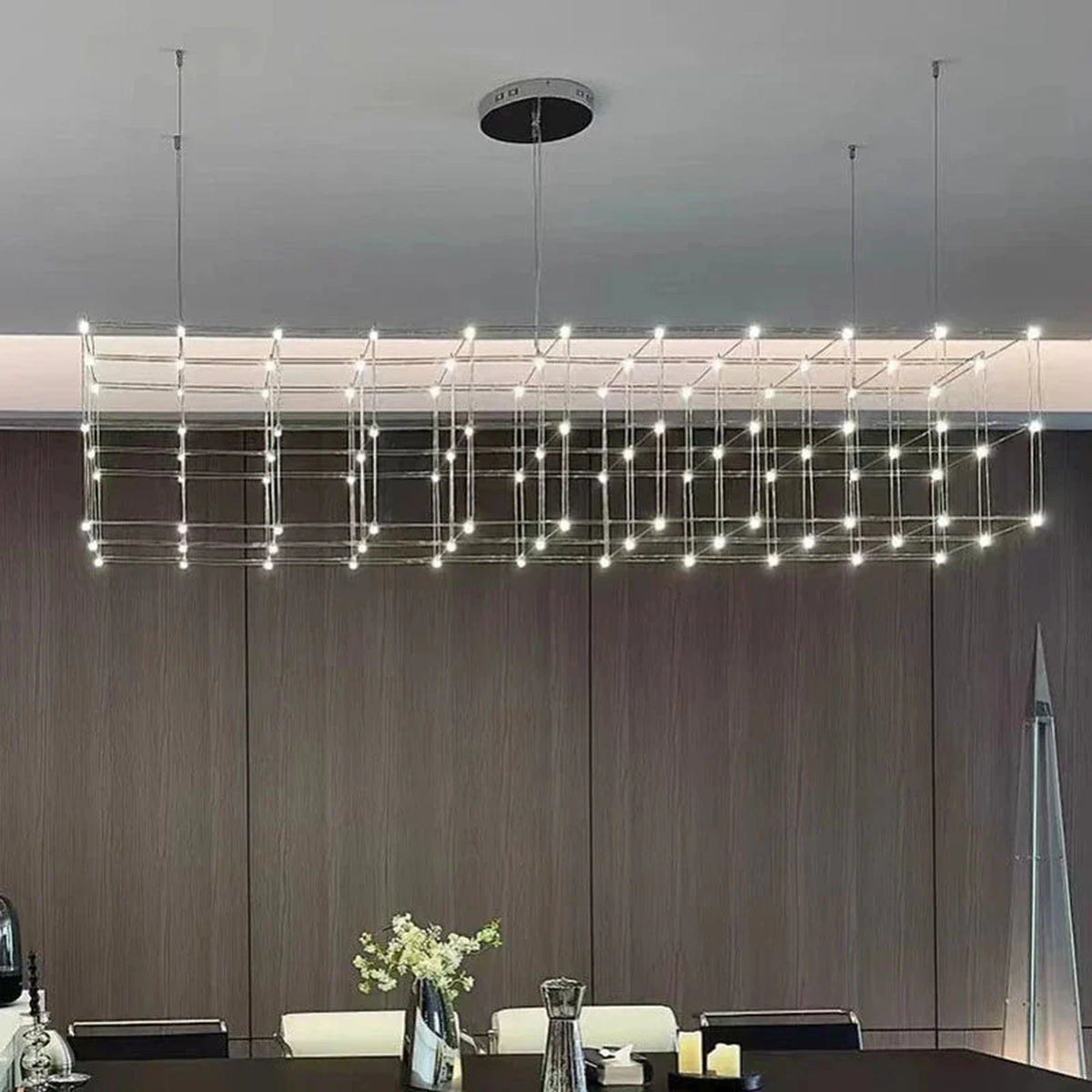 Latticework Linear Chandelier for Dining Room light fixture by AUVIELIGHT, Model B ∅ 47.3″ x  15.8″ x 15.8" / Chrome color / Warm Light and 3