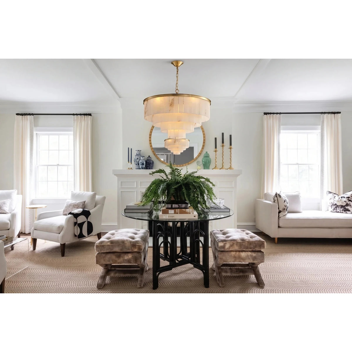 Layered Drum Chandelier in alabaster for Dining Room light fixture by AUVIELIGHT