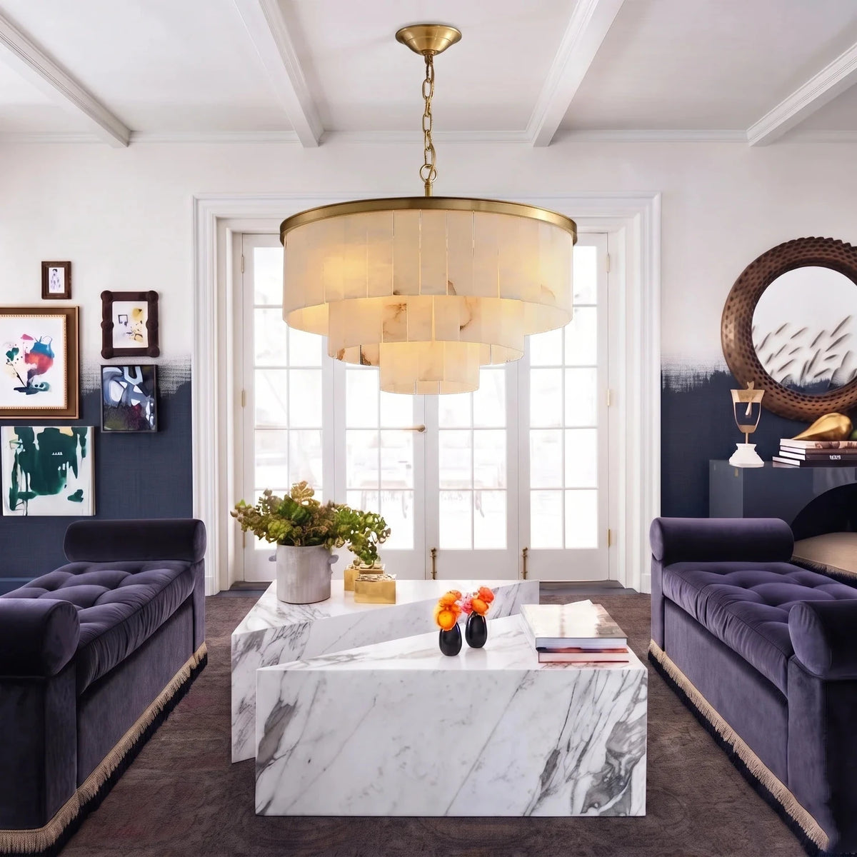 Layered Drum Chandelier in alabaster for Dining Room light fixture by AUVIELIGHT