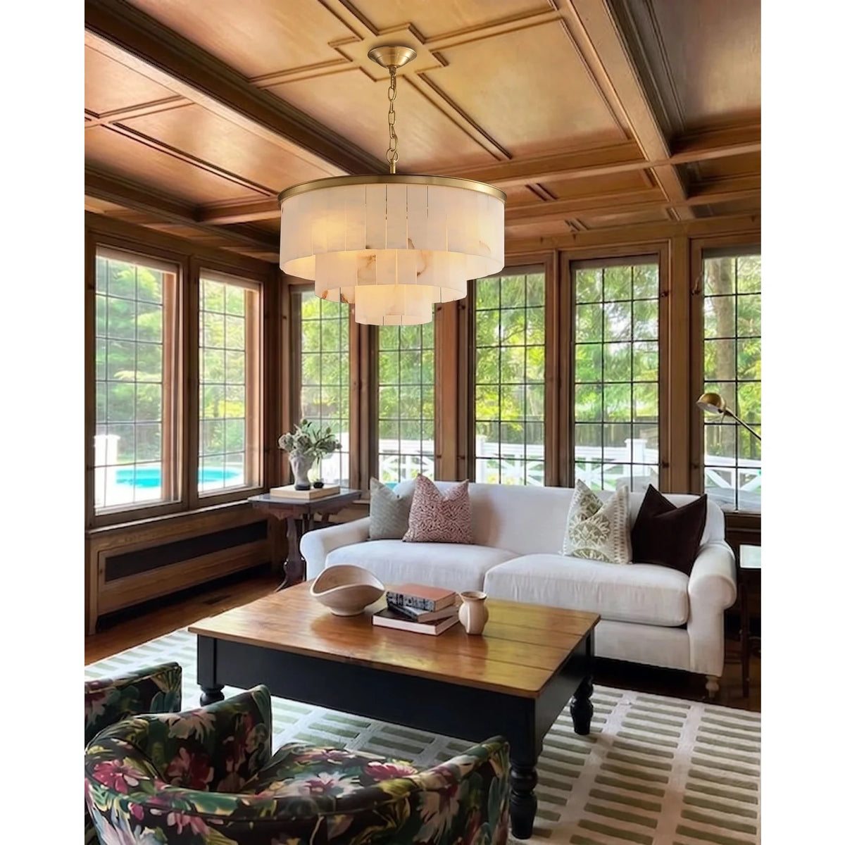 Layered Drum Chandelier in alabaster for Dining Room light fixture by AUVIELIGHT