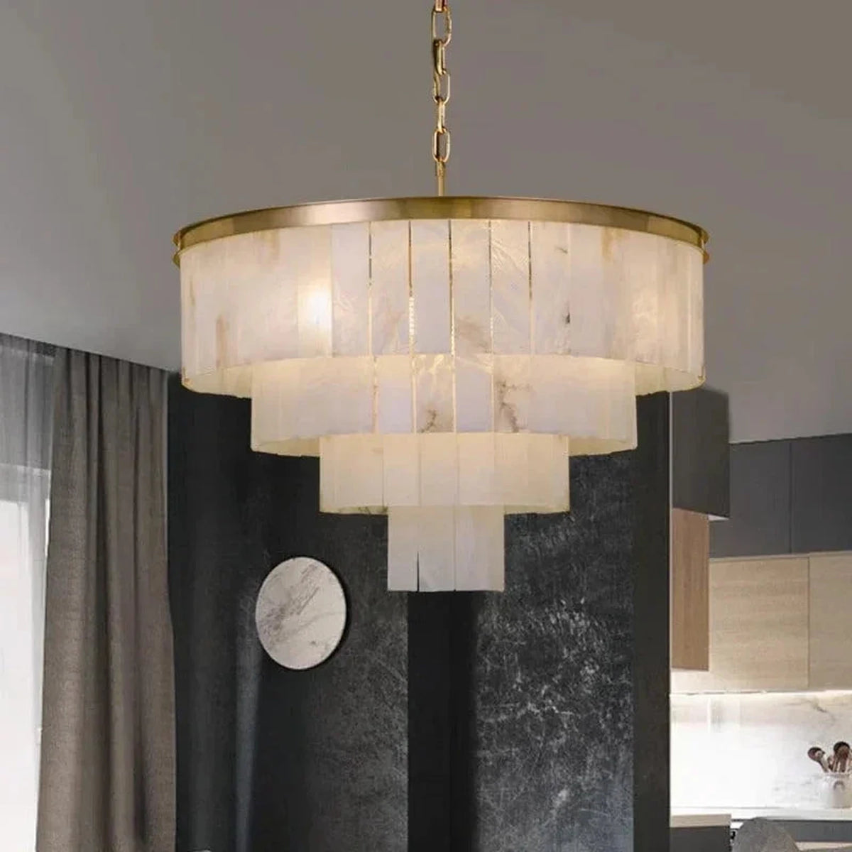 Layered Drum Chandelier in alabaster for Dining Room light fixture by AUVIELIGHT