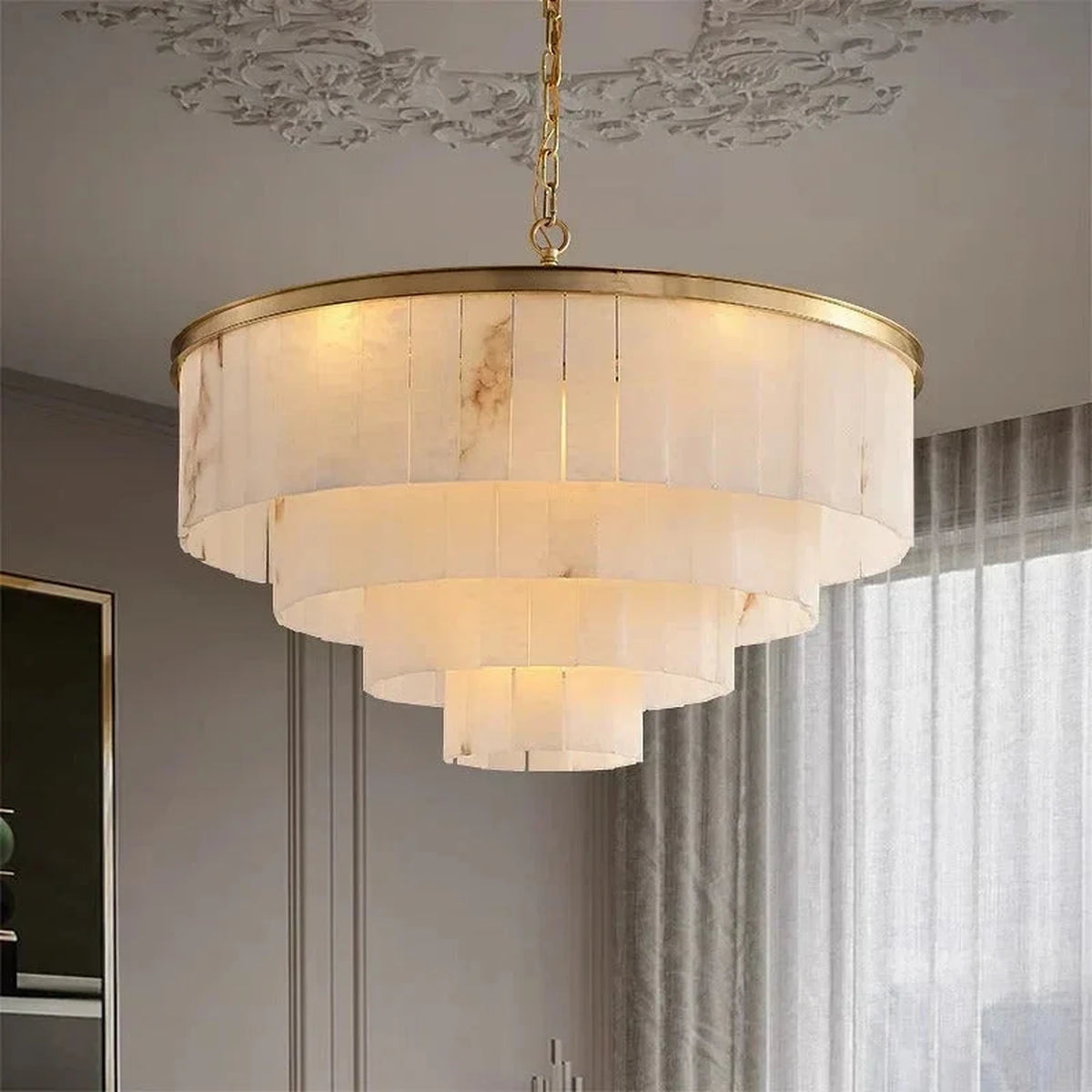Layered Drum Chandelier in alabaster for Dining Room light fixture by AUVIELIGHT