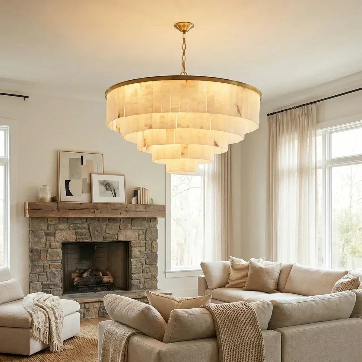 Layered Drum Chandelier in alabaster for Dining Room light fixture by AUVIELIGHT