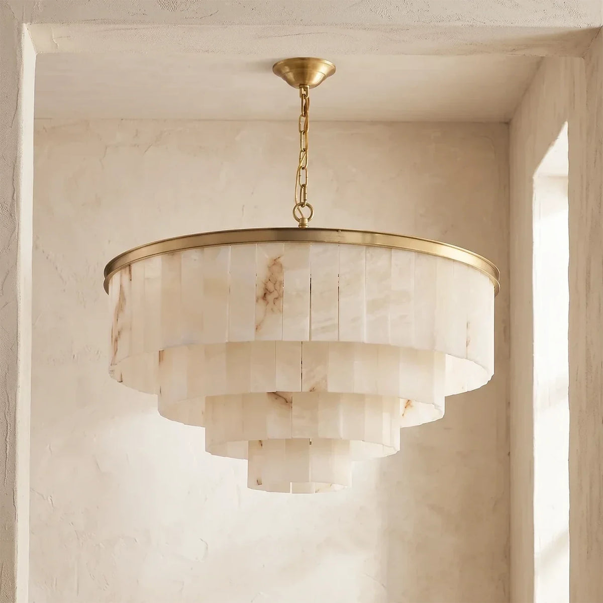 Layered Drum Chandelier in alabaster for Dining Room light fixture by AUVIELIGHT