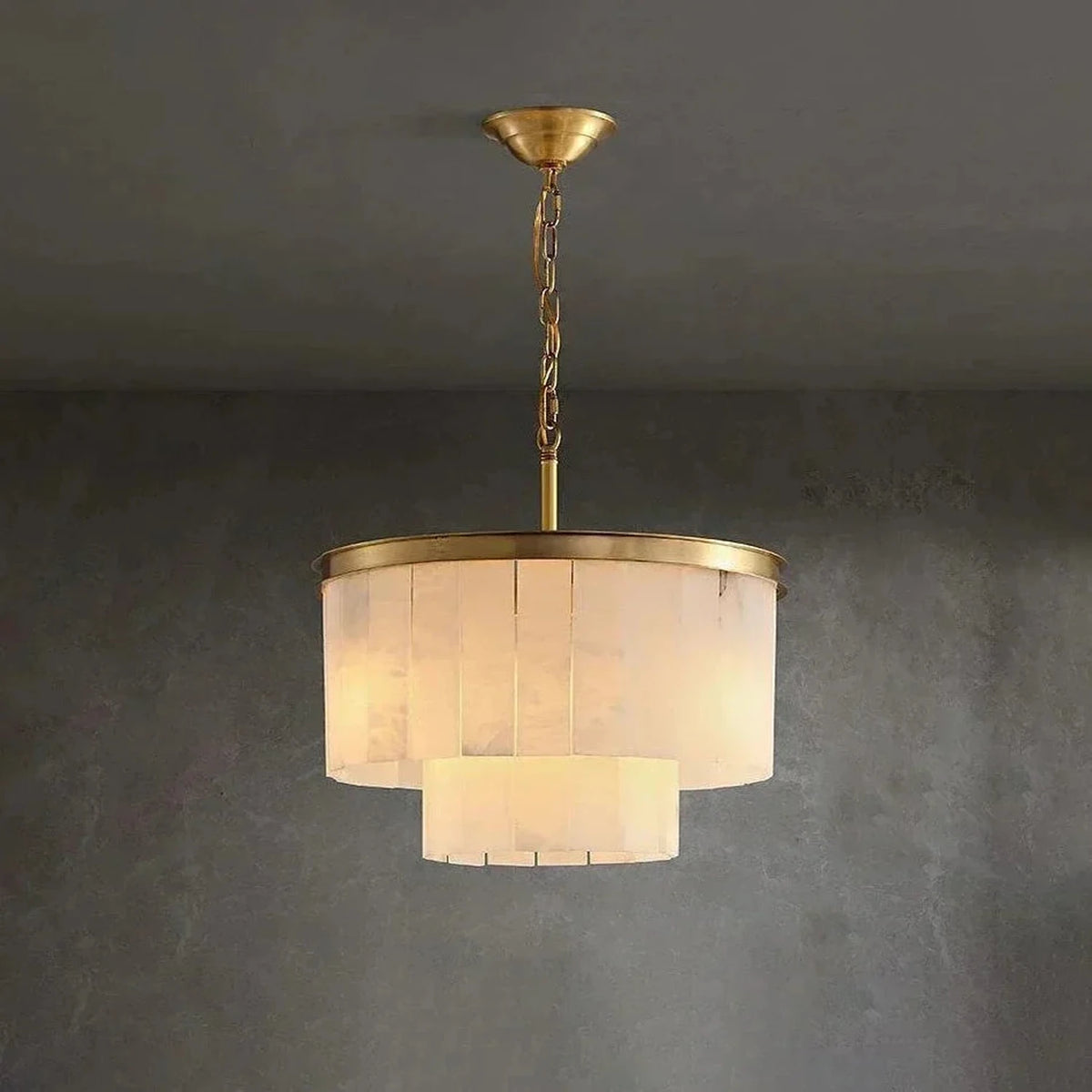 Layered Drum Chandelier in alabaster for Dining Room light fixture by AUVIELIGHT, Dia 45cm x H 30cm / ∅ 17.7″ x H 12″ / Gold