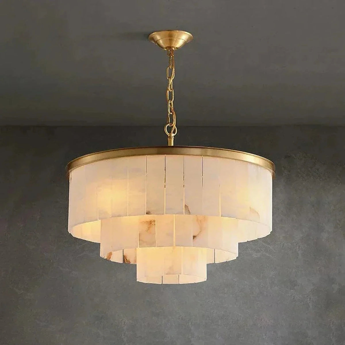 Layered Drum Chandelier in alabaster for Dining Room light fixture by AUVIELIGHT, Dia 60cm x H 38cm / ∅ 23.6″ x H 15″ / Gold