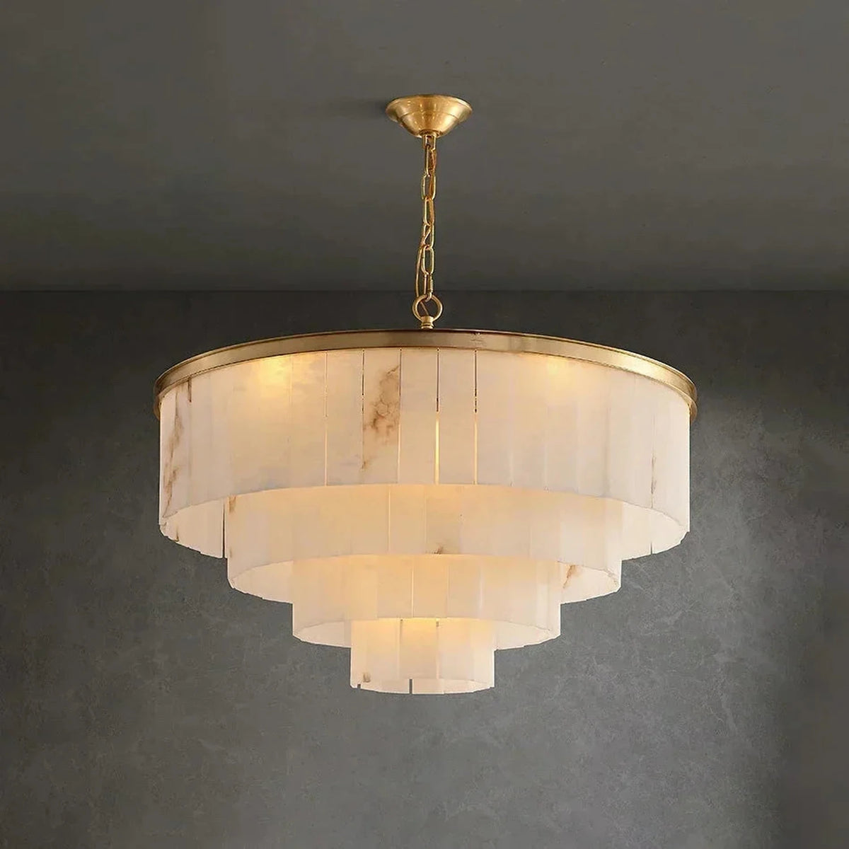 Layered Drum Chandelier in alabaster for Dining Room light fixture by AUVIELIGHT, Dia 80cm x H 48cm / ∅ 31.5″ x H 19″ / Gold
