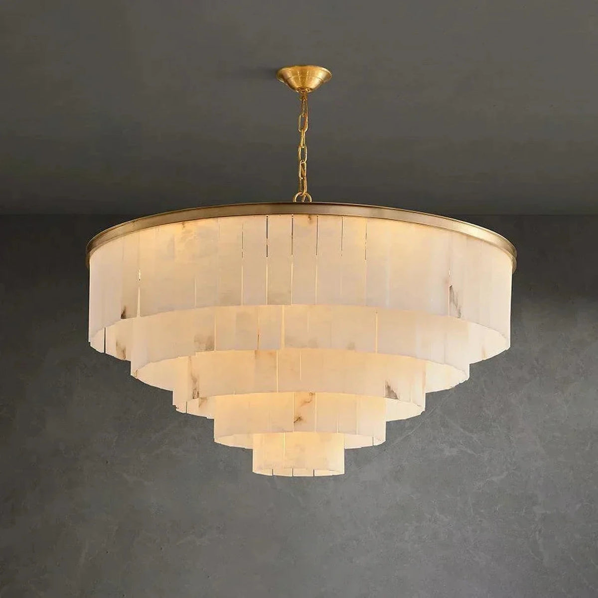 Layered Drum Chandelier in alabaster for Dining Room light fixture by AUVIELIGHT, Dia 100cm x H 57cm / ∅ 39.4″ x H 22.5″ / Gold