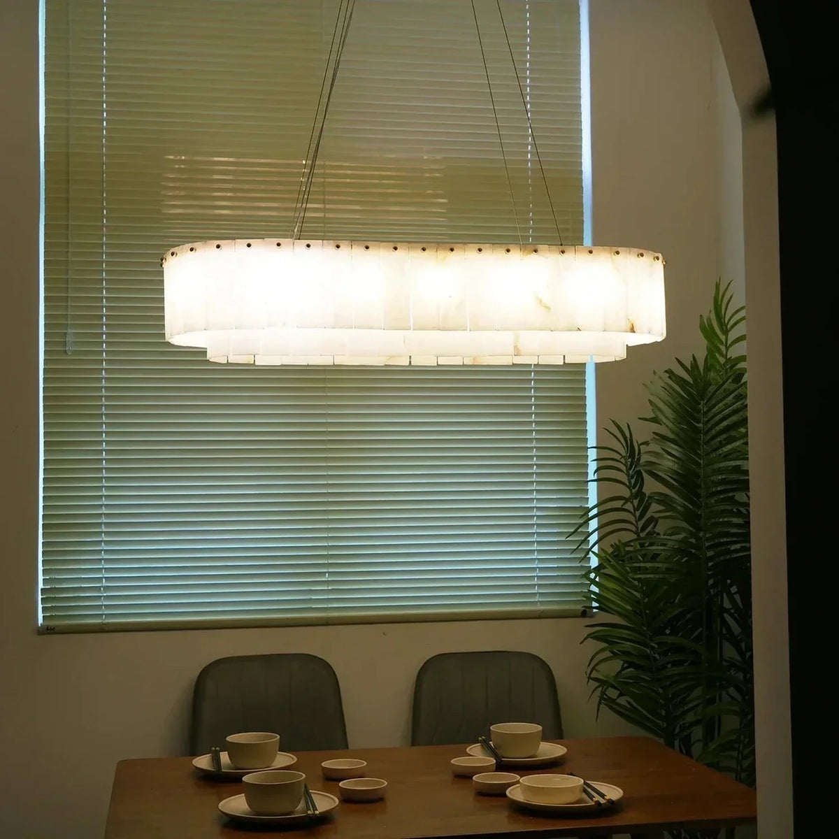 Layered Linear Chandelier in alabaster for Dining Room light fixture by AUVIELIGHT