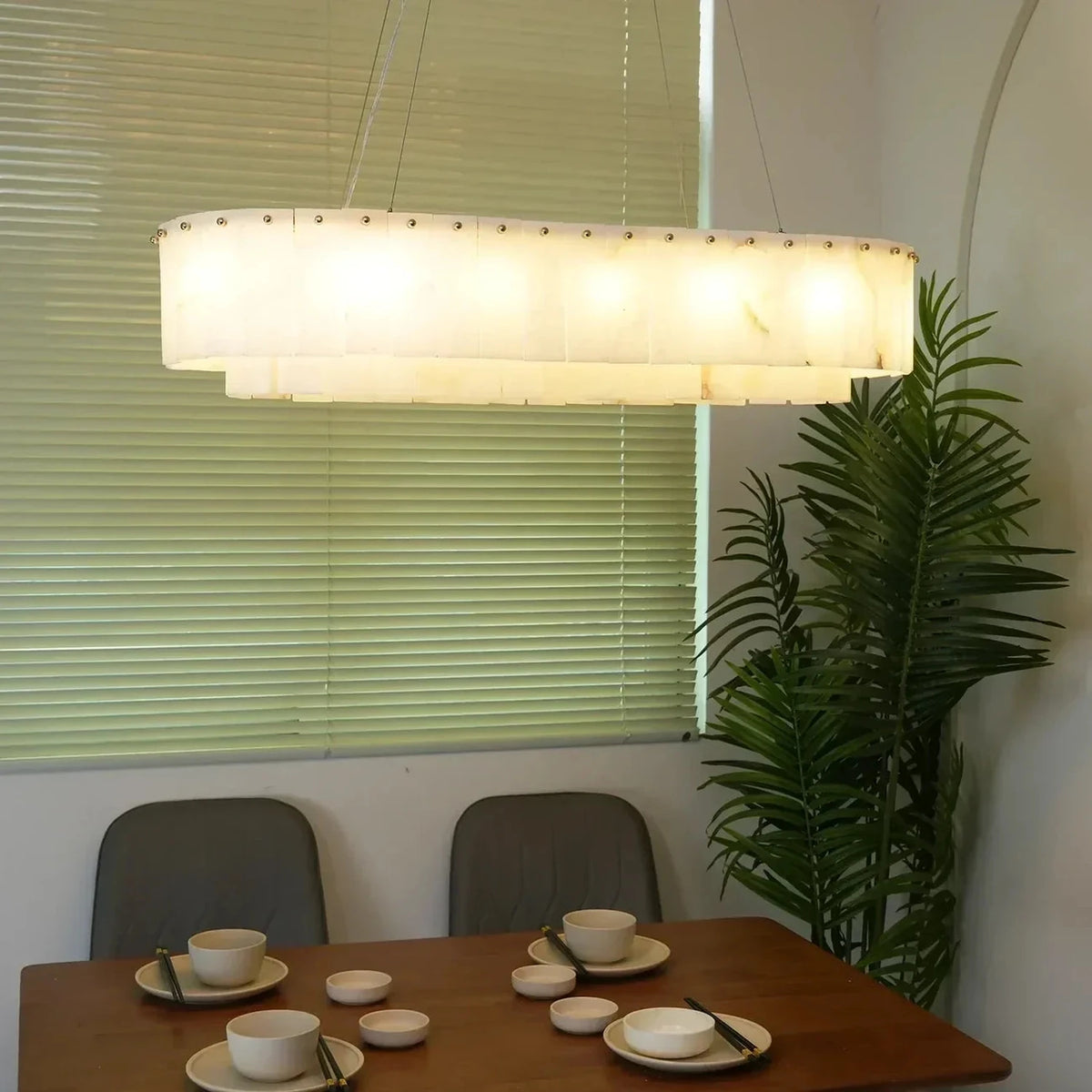 Layered Linear Chandelier in alabaster for Dining Room light fixture by AUVIELIGHT