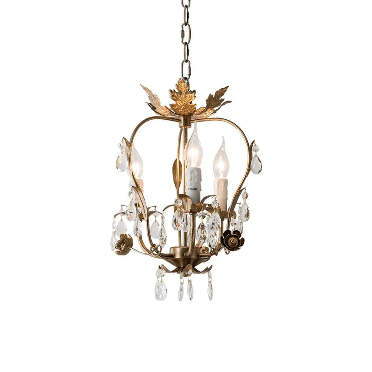 Leaf Chandelier in antique crystal for Dining Room light fixture by AUVIELIGHT, 3 heads D 31cm x H 41cm / ∅ 12.2″ x H 16.1″ / Gold