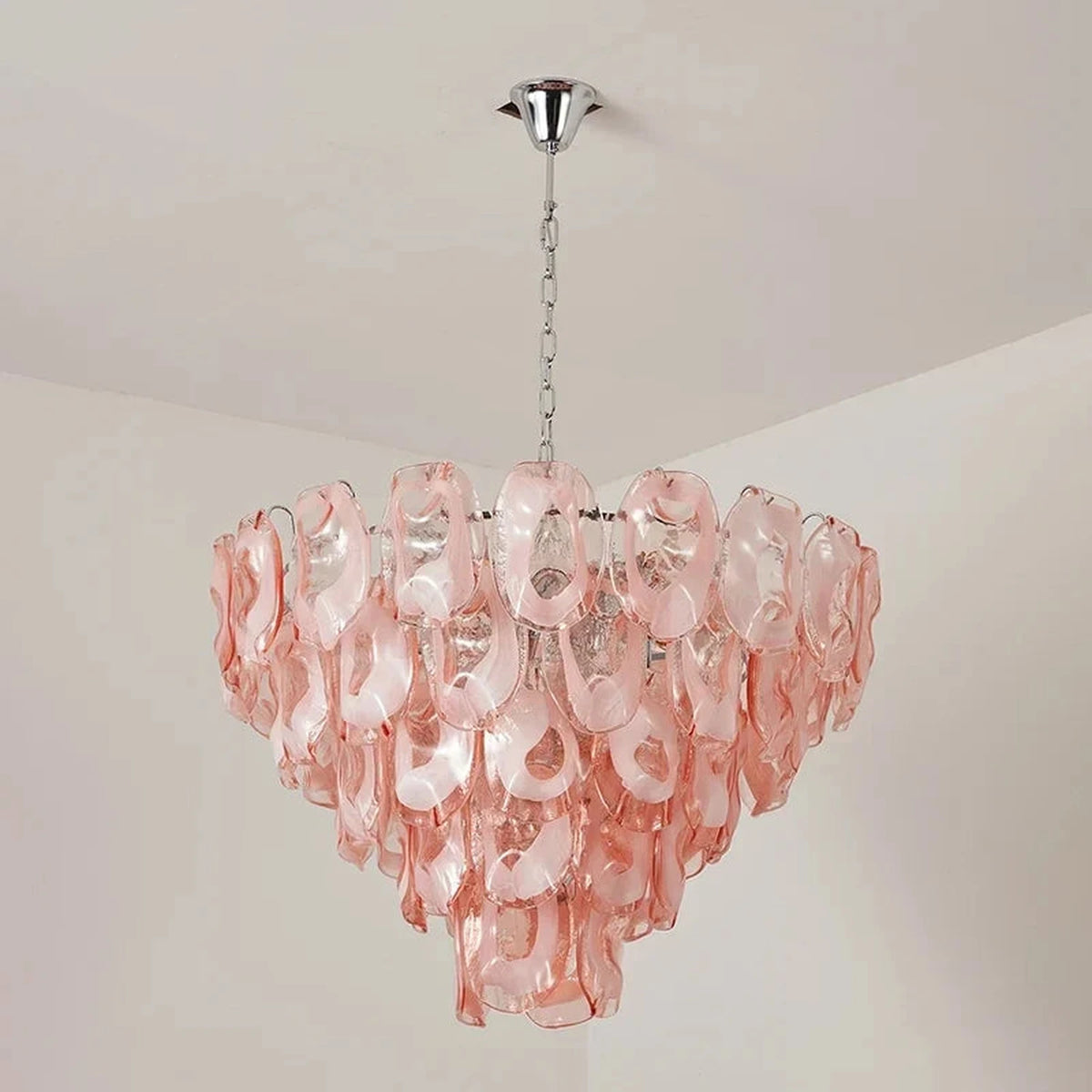Luminous Pendant Light in rose glass for Dining Room by AUVIELIGHT, ∅ 32.3″ x H 24.8″ / Pink