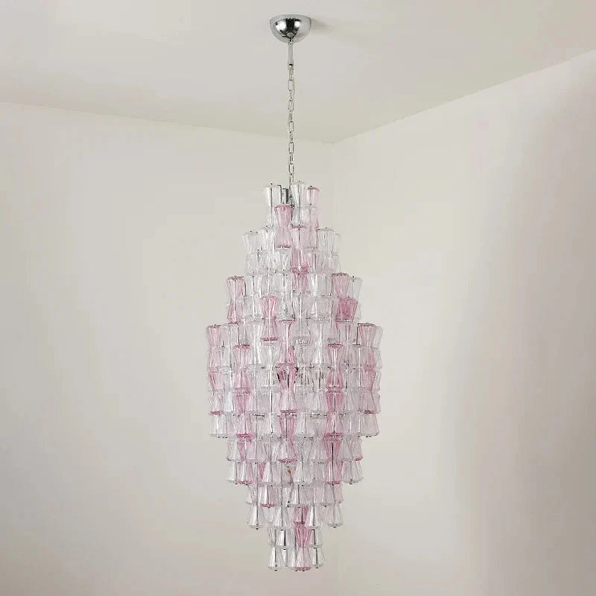 Luminous Prism Cascade Pendant Light in rose for Dining Room by AUVIELIGHT, L 31.5″ x H 63″ / Clear & Pink & Chrome