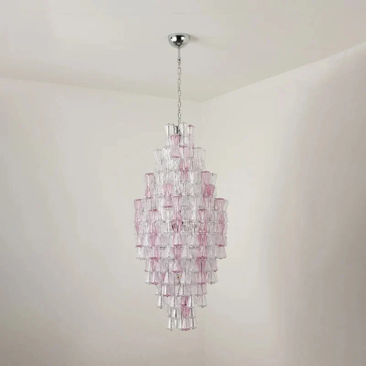 Luminous Prism Cascade Pendant Light in rose for Dining Room by AUVIELIGHT, L 19.7″ x H 38.6″ / Clear & Pink & Chrome