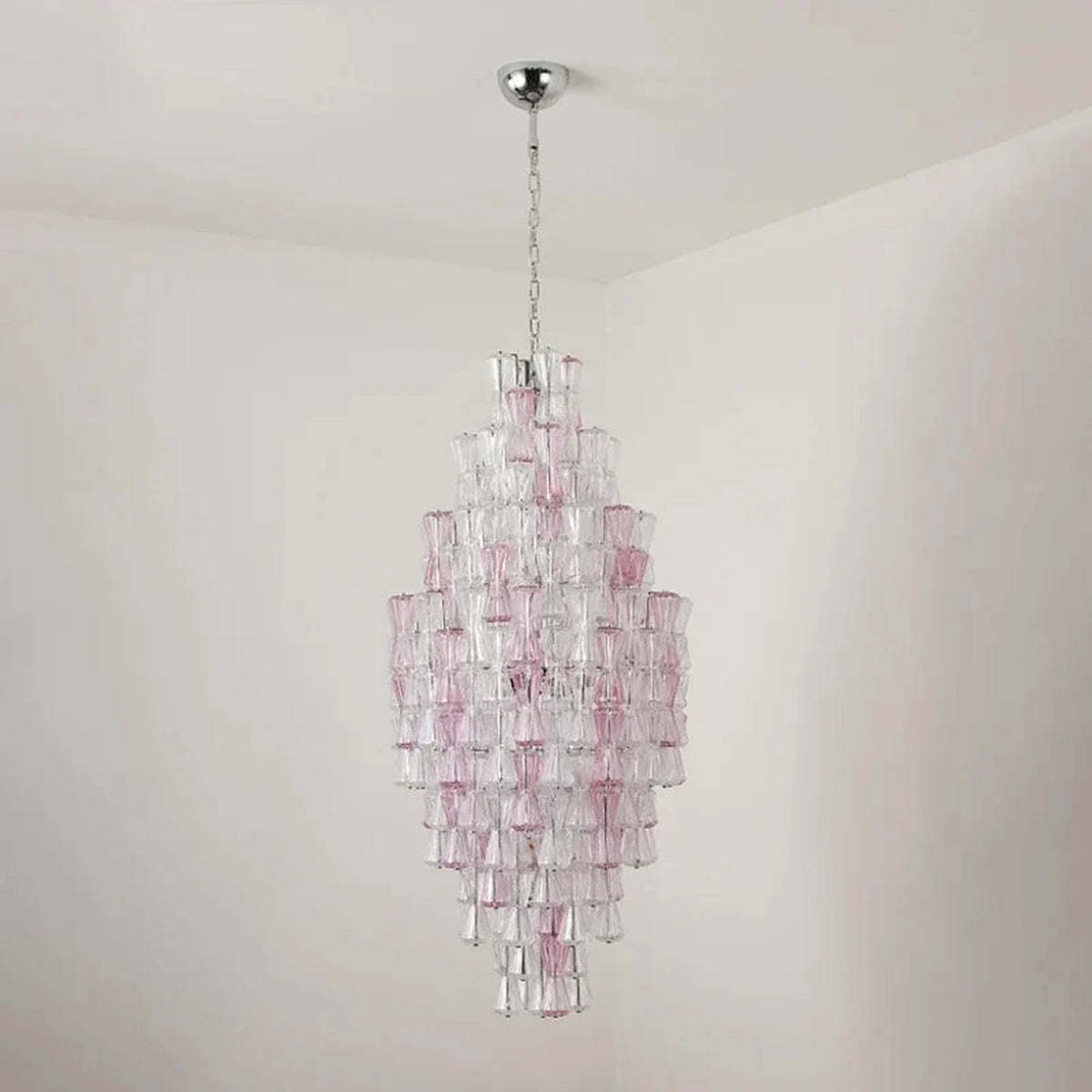Luminous Prism Cascade Pendant Light in rose for Dining Room by AUVIELIGHT, L 23.6″ x H 53.1″ / Clear & Pink & Chrome