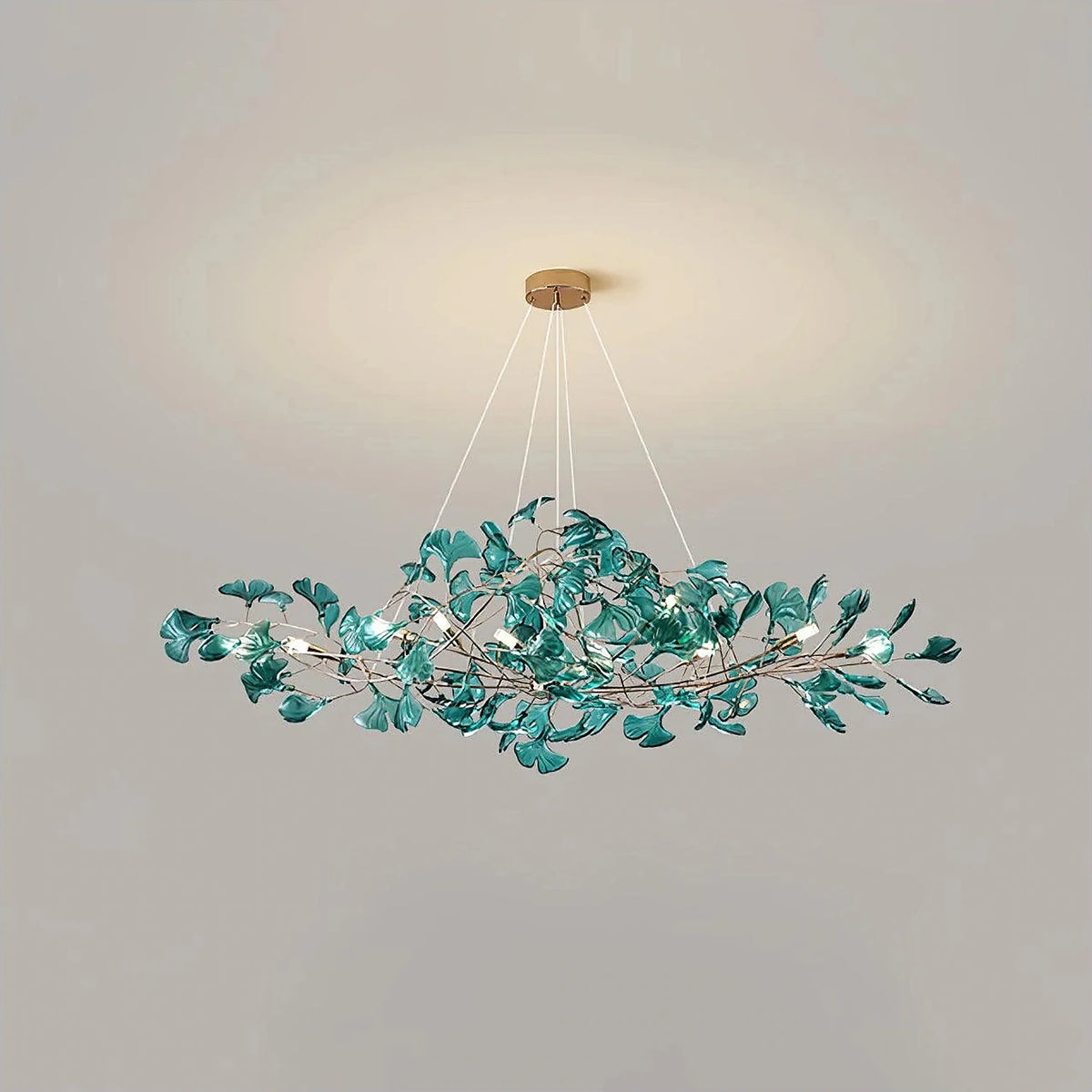 Luxury Handblown Amber Glass Petal Chandelier light fixture by AUVIELIGHT, L 47.2″ × W 15.7″ × H 15.7″ / Gold & Dark Green