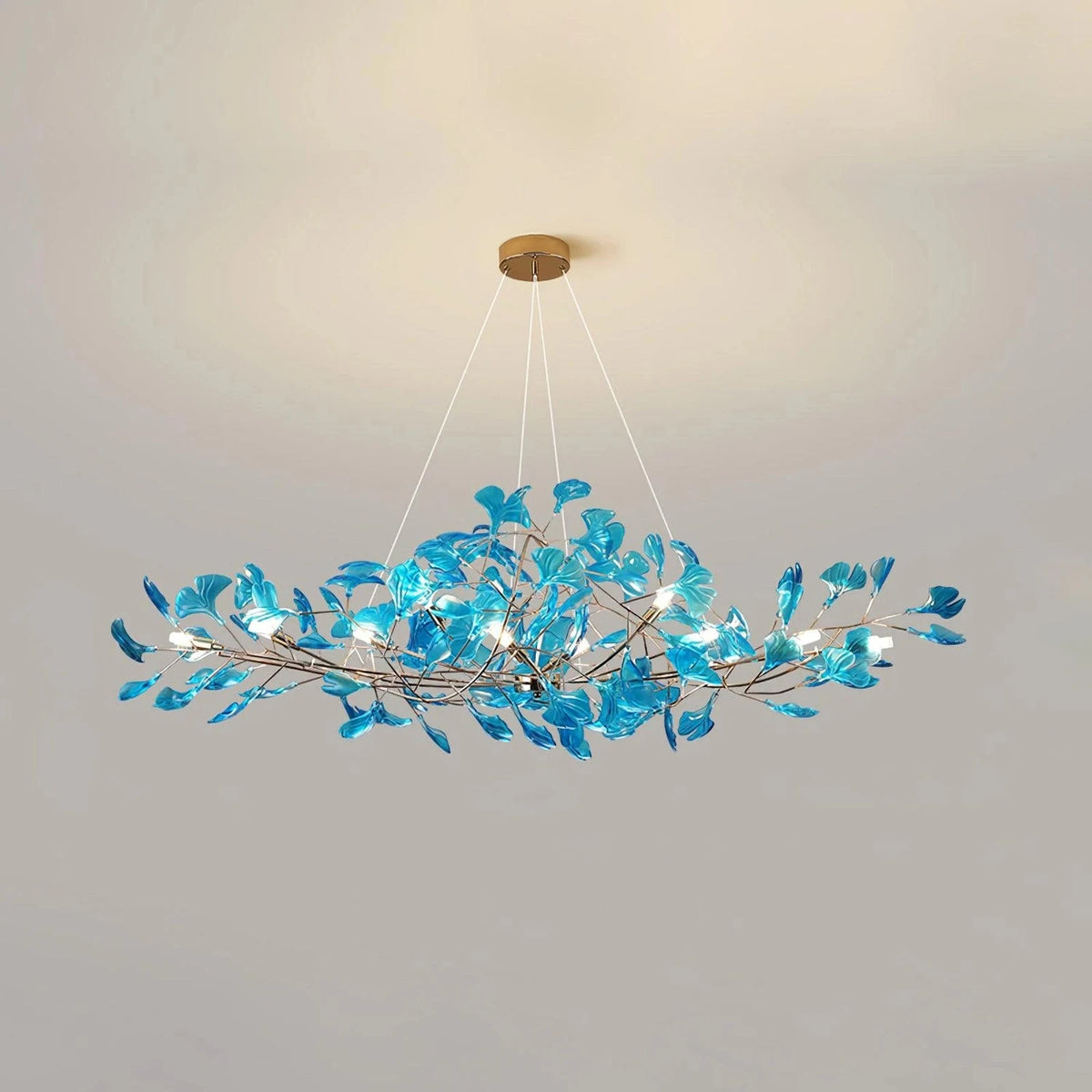Luxury Handblown Amber Glass Petal Chandelier light fixture by AUVIELIGHT, L 49.2″ × W 17.7″ × H 17.7″ / Gold & Royal Blue