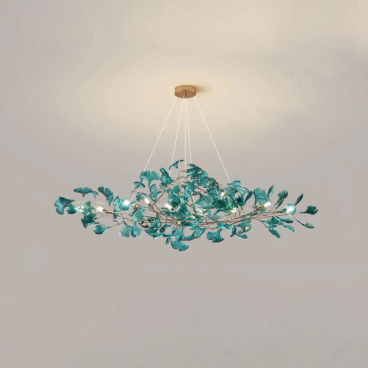 Luxury Handblown Amber Glass Petal Chandelier light fixture by AUVIELIGHT, L 39.4″ × W 15.7″ × H 15.7″ / Gold & Dark Green