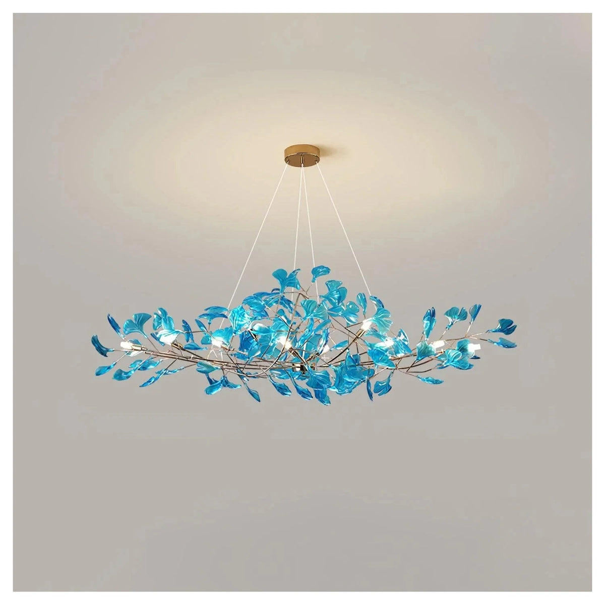 Luxury Handblown Amber Glass Petal Chandelier light fixture by AUVIELIGHT, L 39.4″ × W 15.7″ × H 15.7″ / Gold & Royal Blue