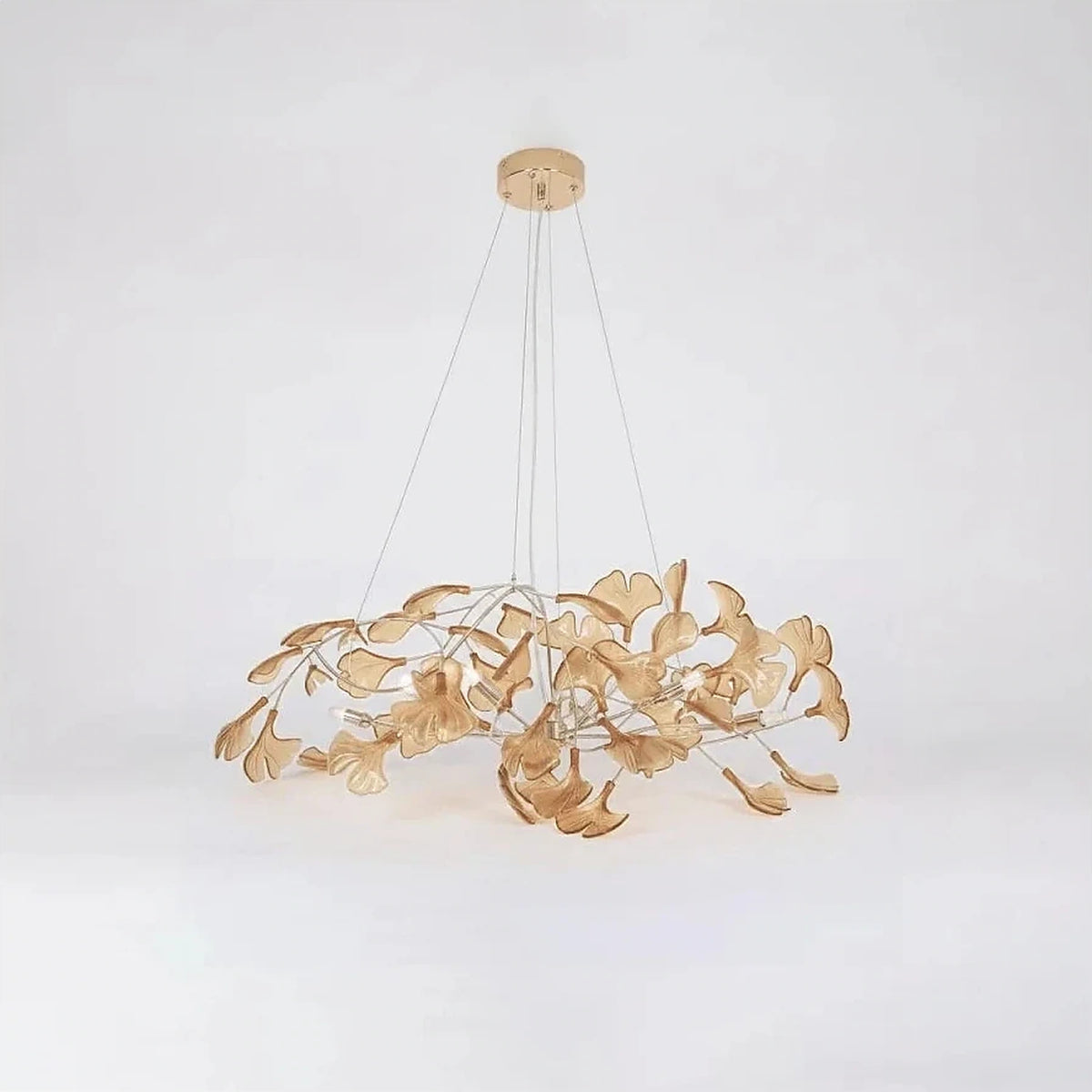 Luxury Handblown Amber Glass Petal Chandelier light fixture by AUVIELIGHT, L 31.5″ × W 15.7″ × H 15.7″ / Gold & Coffee