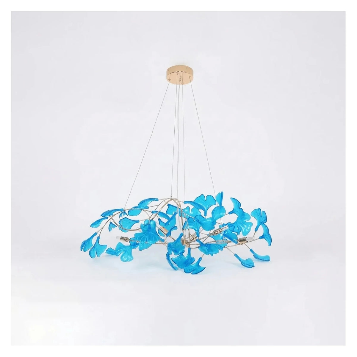 Luxury Handblown Amber Glass Petal Chandelier light fixture by AUVIELIGHT, L 31.5″ × W 15.7″ × H 15.7″ / Gold & Royal Blue