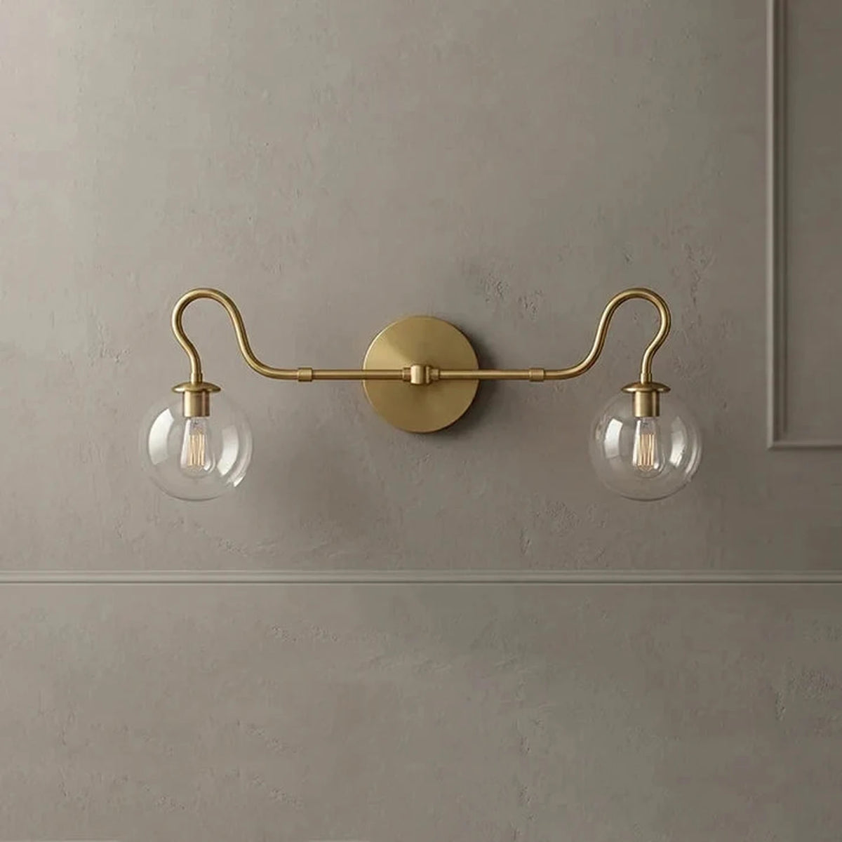 Mid-Century Globe Wall Sconce in glass for Hallway by AUVIELIGHT, L 73cm x W 24cm x H 28cm / L 28.7″ x W 9.4″ x H 11″ / Brass & Clear glass