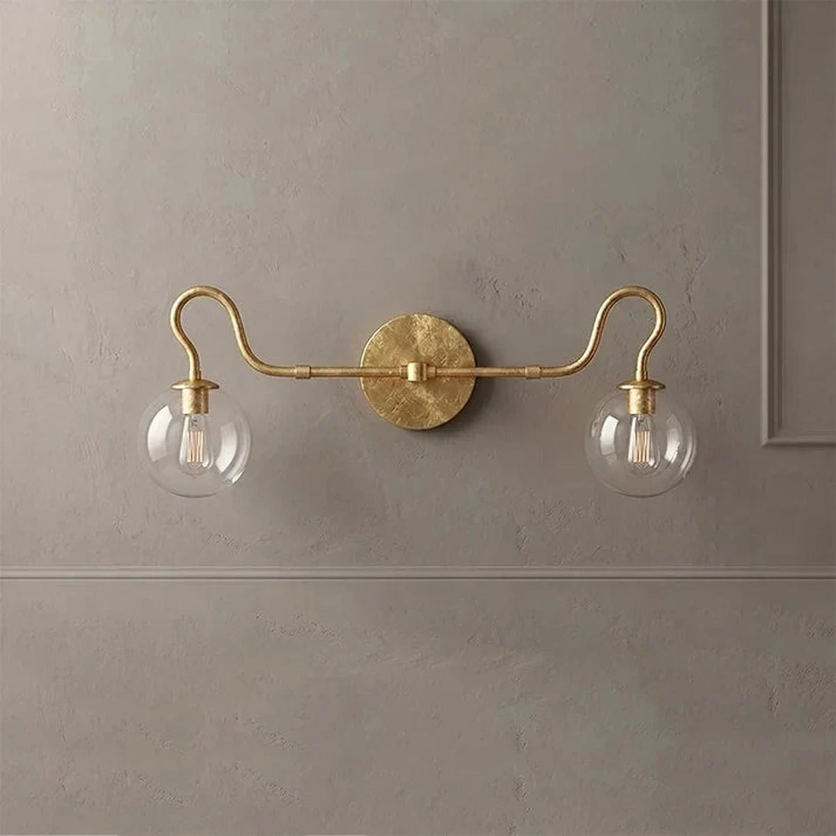 Mid-Century Globe Wall Sconce in glass for Hallway by AUVIELIGHT, L 73cm x W 24cm x H 28cm / L 28.7″ x W 9.4″ x H 11″ / Gold Leaf & Clear glass
