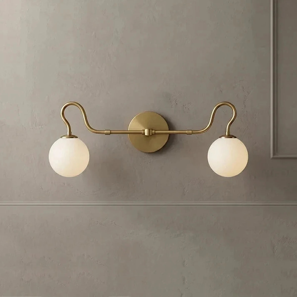 Mid-Century Globe Wall Sconce in glass for Hallway by AUVIELIGHT, L 73cm x W 24cm x H 28cm / L 28.7″ x W 9.4″ x H 11″ / Brass & White glass