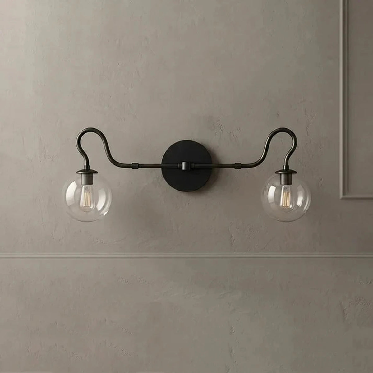 Mid-Century Globe Wall Sconce in glass for Hallway by AUVIELIGHT, L 73cm x W 24cm x H 28cm / L 28.7″ x W 9.4″ x H 11″ / Black & Clear glass