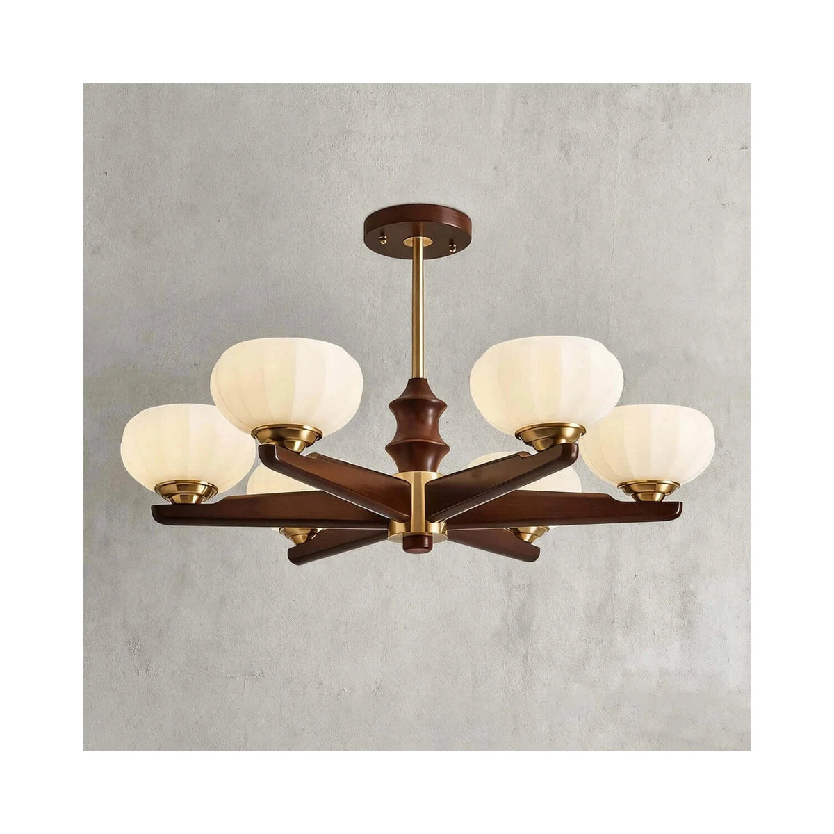 Mid-Century Walnut Pumpkin Glass Chandelier light fixture by AUVIELIGHT, Dia 32.3" x H 16.2" / Walnut Wood & White