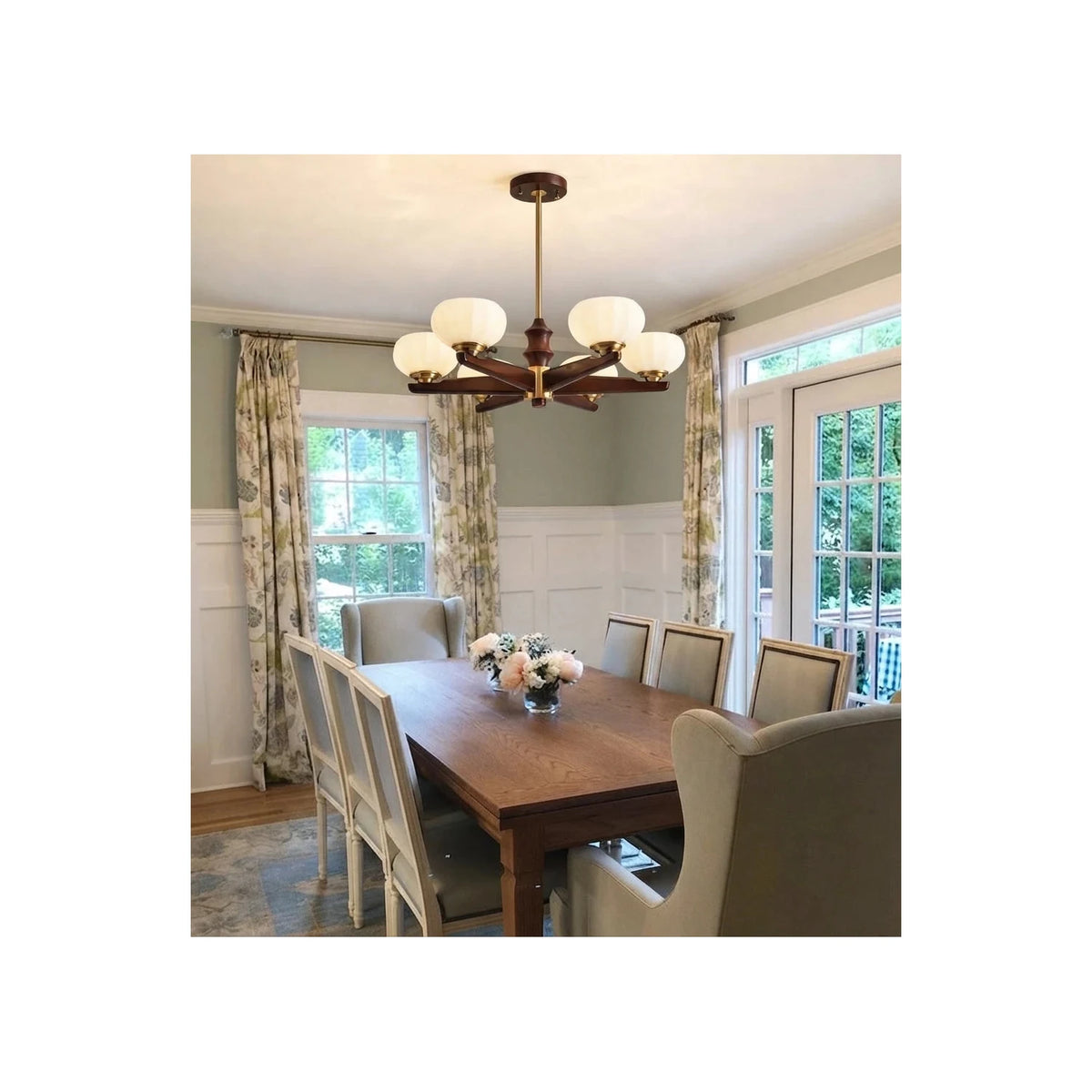 Mid-Century Walnut Pumpkin Glass Chandelier light fixture by AUVIELIGHT
