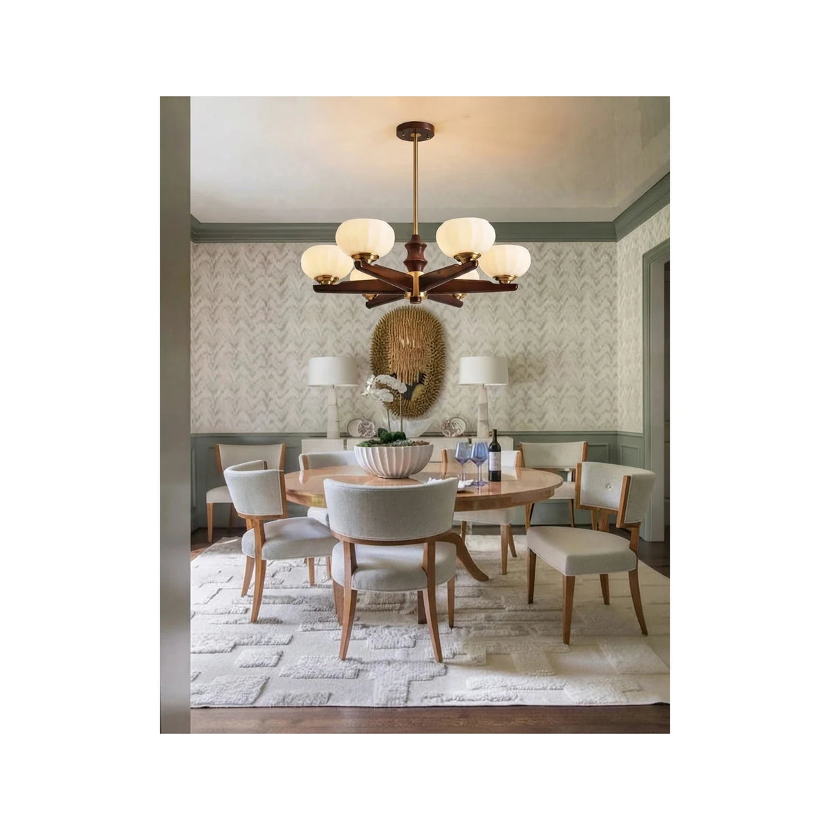 Mid-Century Walnut Pumpkin Glass Chandelier light fixture by AUVIELIGHT