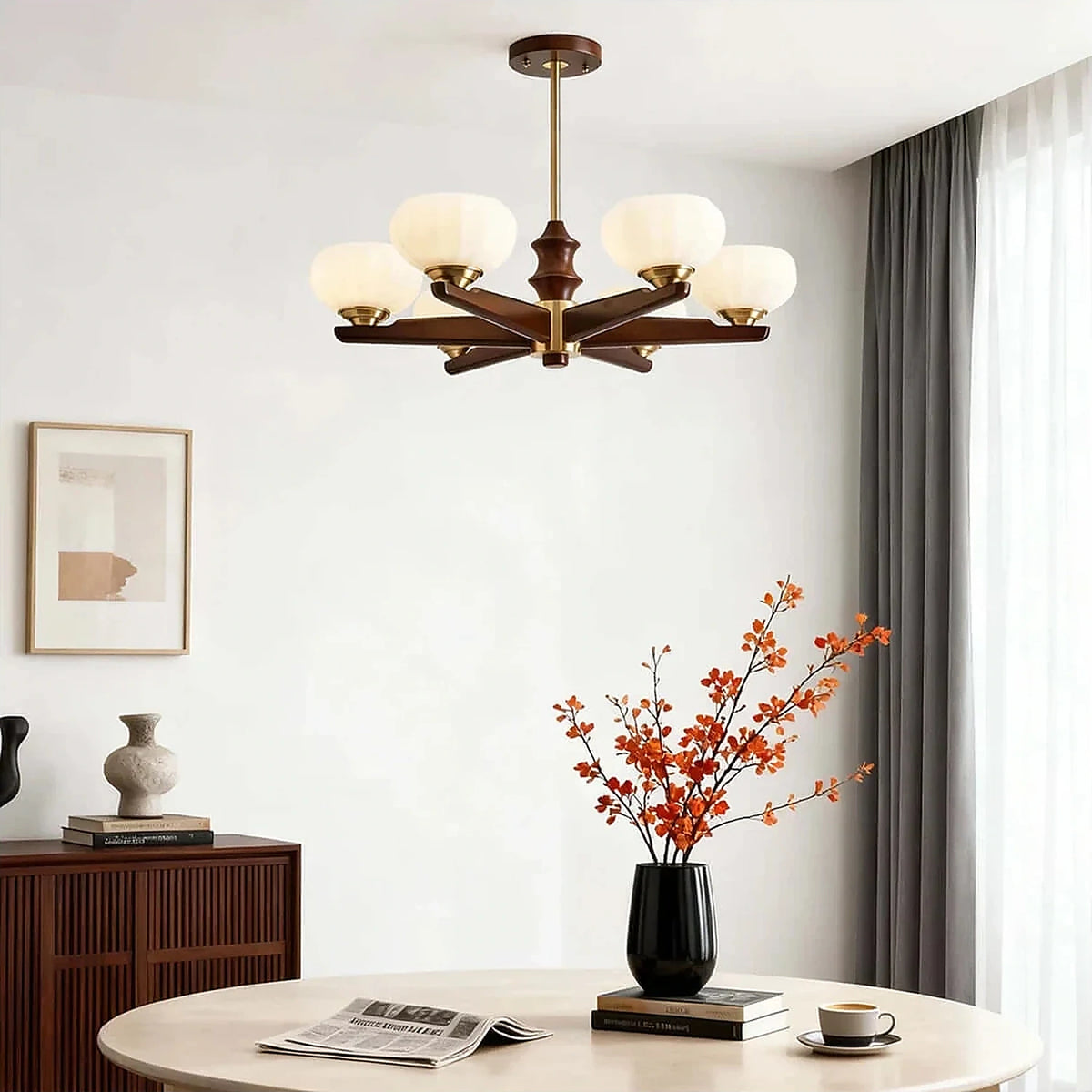 Mid-Century Walnut Pumpkin Glass Chandelier light fixture by AUVIELIGHT