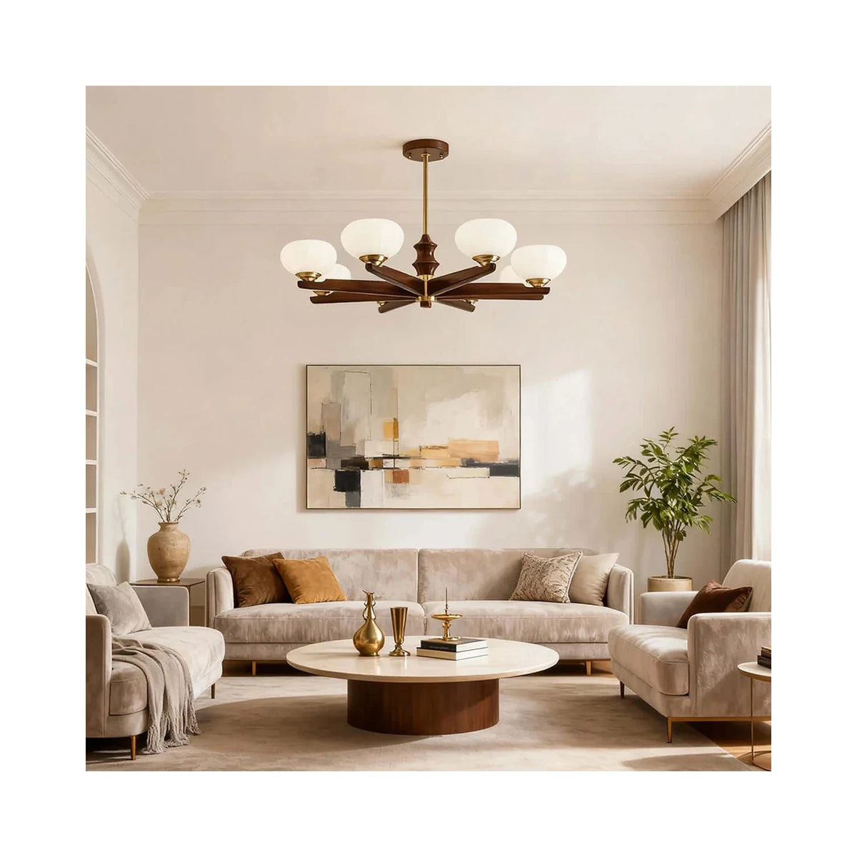 Mid-Century Walnut Pumpkin Glass Chandelier light fixture by AUVIELIGHT