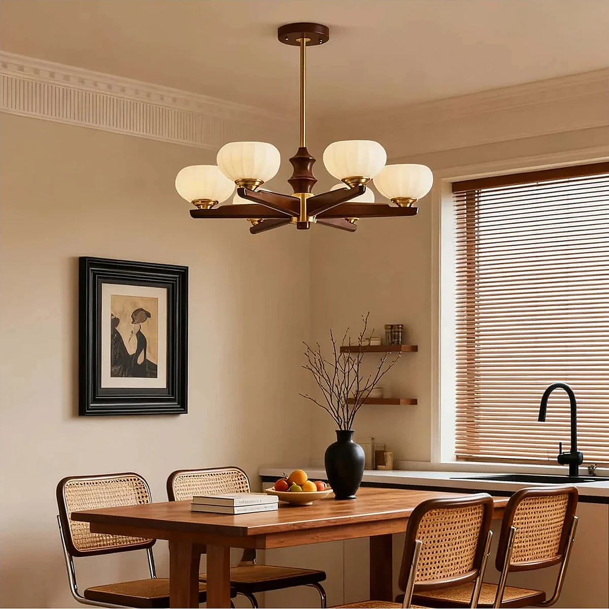 Mid-Century Walnut Pumpkin Glass Chandelier light fixture by AUVIELIGHT