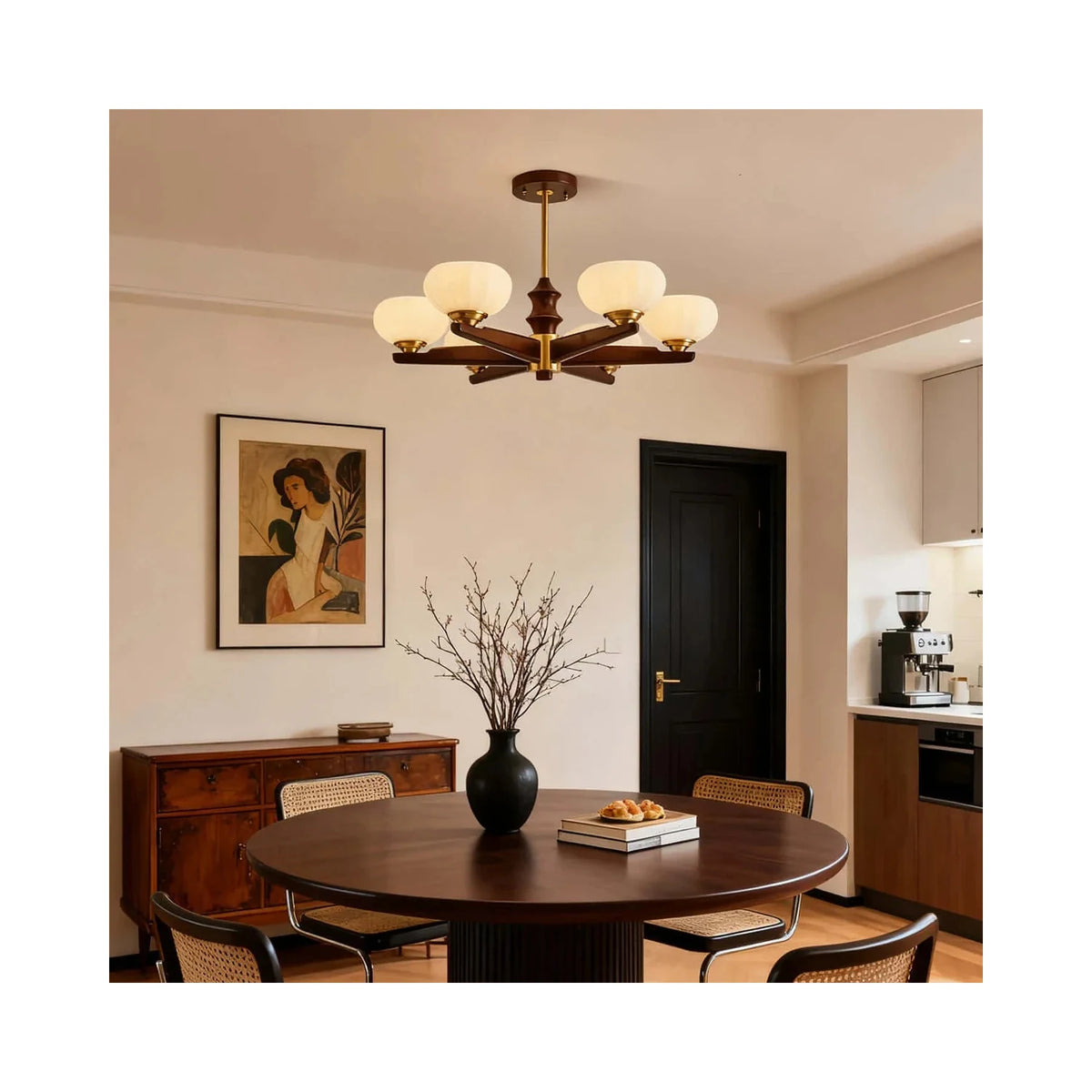 Mid-Century Walnut Pumpkin Glass Chandelier light fixture by AUVIELIGHT