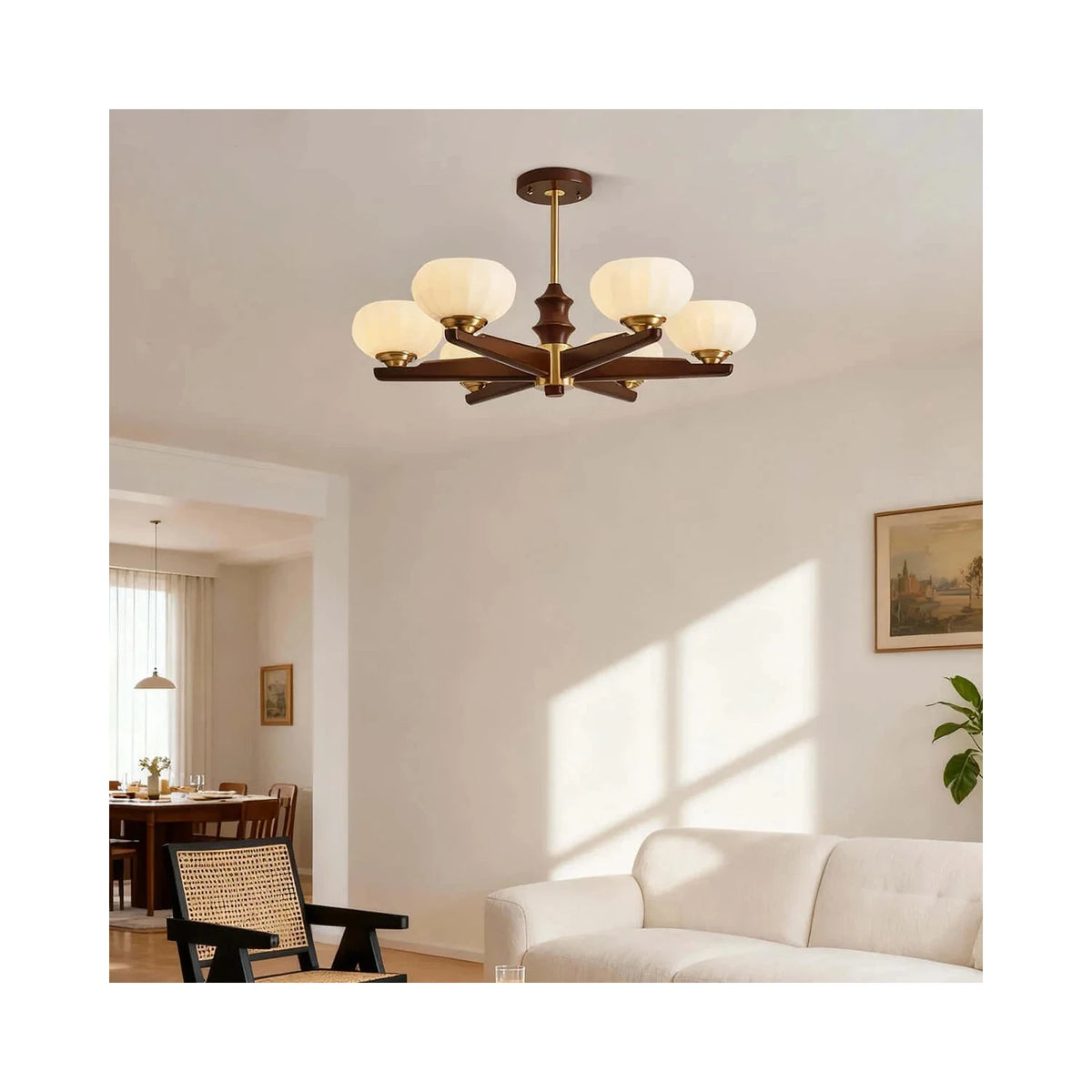 Mid-Century Walnut Pumpkin Glass Chandelier light fixture by AUVIELIGHT