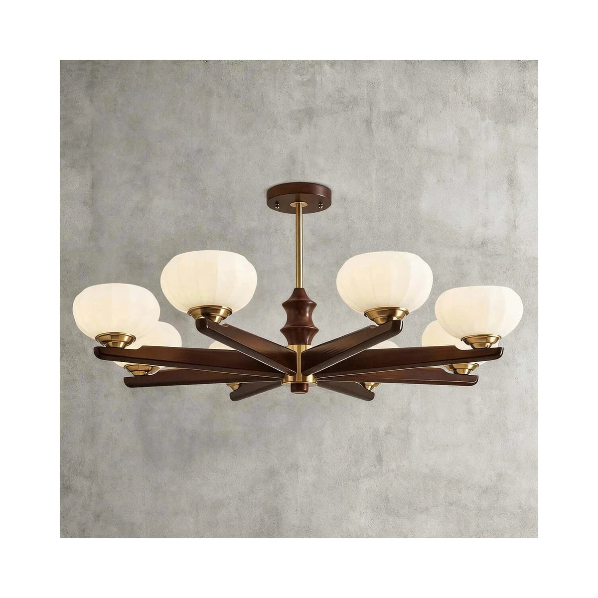 Mid-Century Walnut Pumpkin Glass Chandelier light fixture by AUVIELIGHT, Dia 39.4" x H 16.6" / Walnut Wood & White