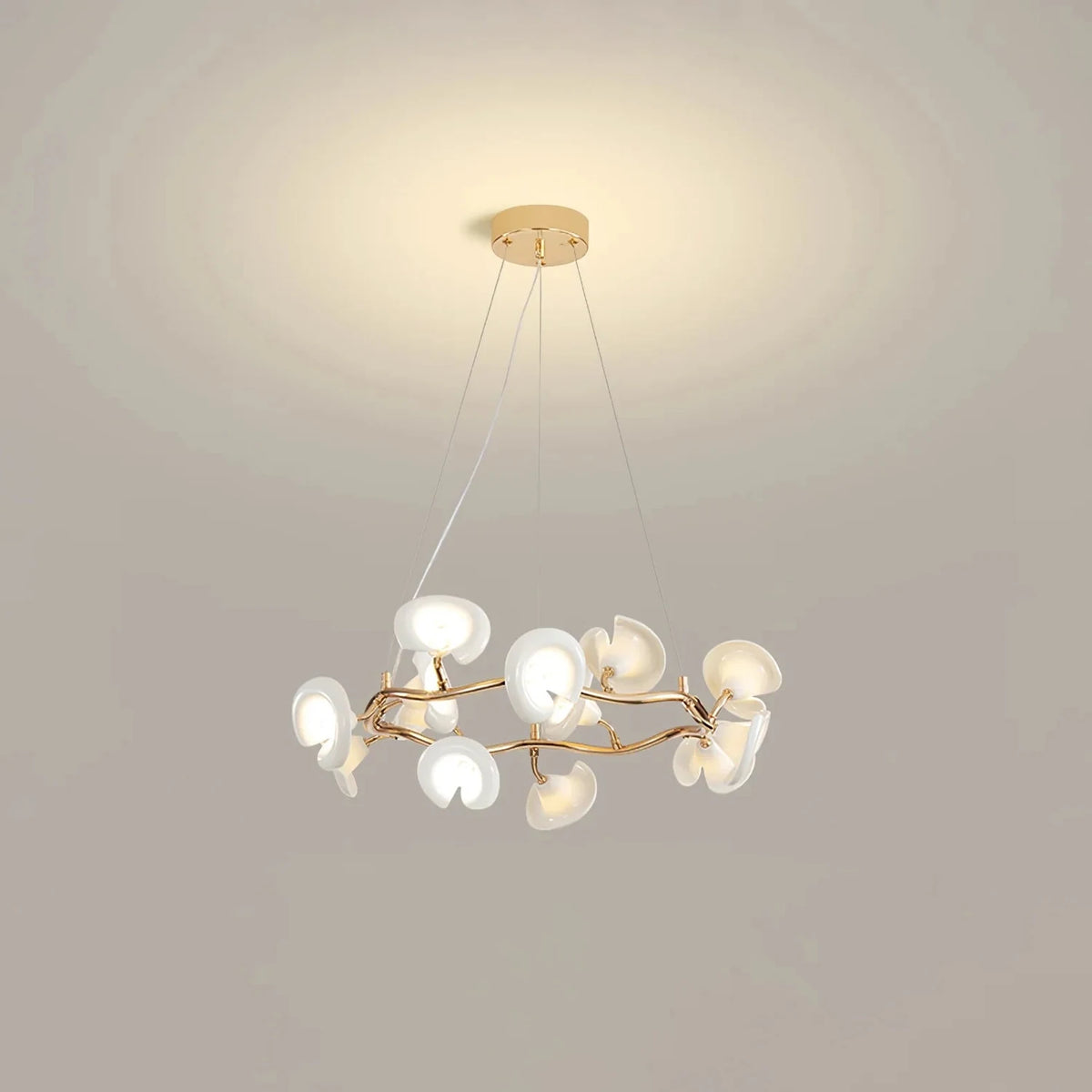 Minimalist Sculptural Glass Blossom Halo Pendant Lamp light fixture by AUVIELIGHT, ∅ 23.6″ x H 9.8″ / Gold & White