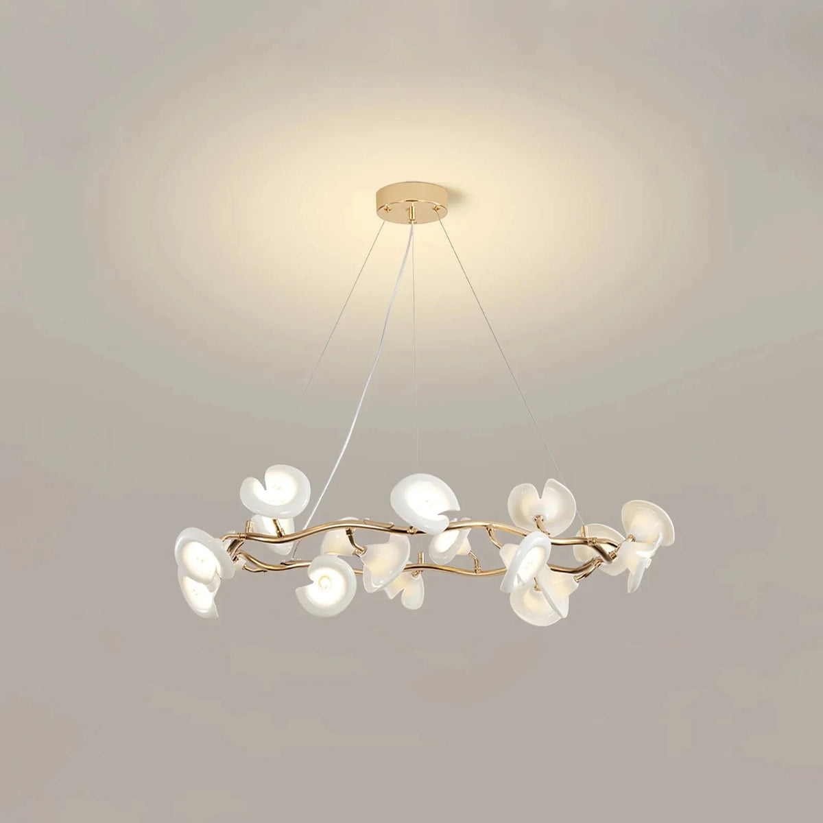 Minimalist Sculptural Glass Blossom Halo Pendant Lamp light fixture by AUVIELIGHT, ∅ 31.5″ x H 9.8″ / Gold & White