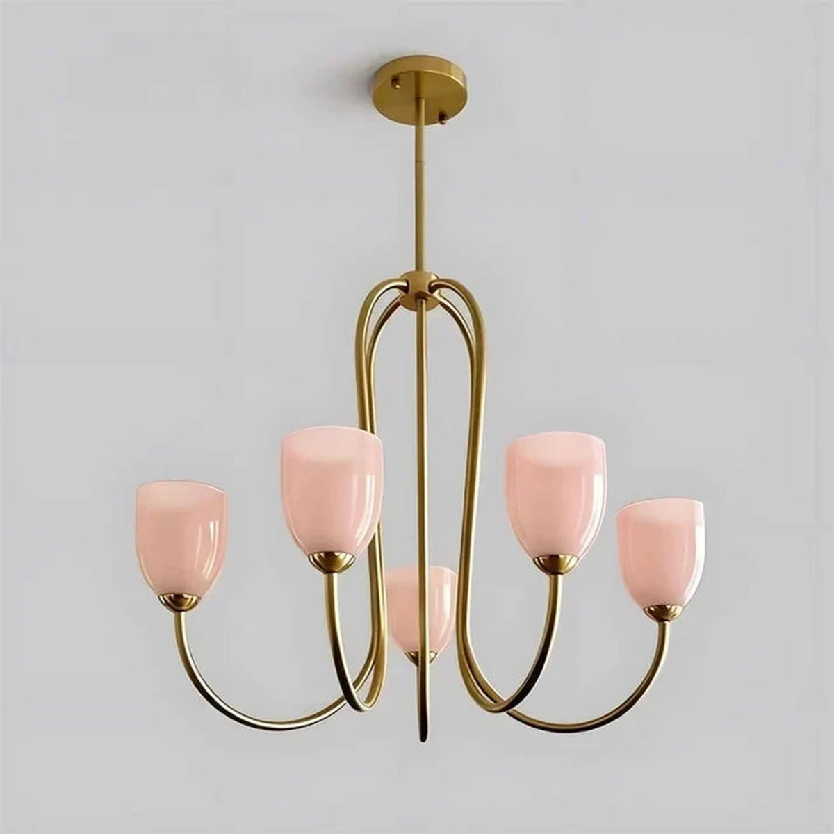 Modern Chandelier in rose brass for Dining Room light fixture by AUVIELIGHT, 5 heads D 68cm x H 56cm / ∅ 26.8″ x H 22″ / Gold & Pink