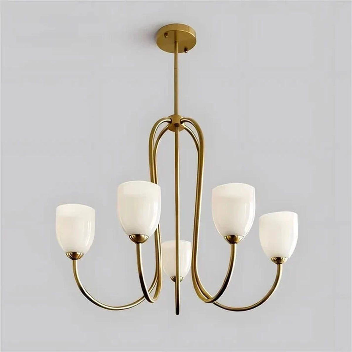 Modern Chandelier in rose brass for Dining Room light fixture by AUVIELIGHT, 5 heads D 68cm x H 56cm / ∅ 26.8″ x H 22″ / Gold & White
