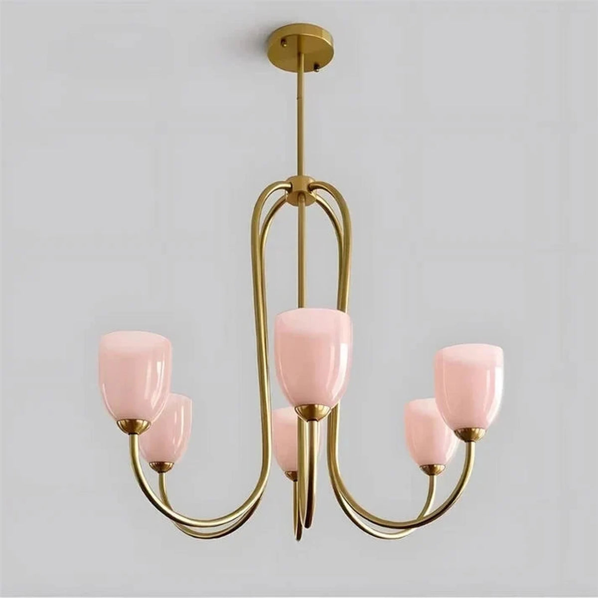 Modern Chandelier in rose brass for Dining Room light fixture by AUVIELIGHT, 6 heads D 68cm x H 56cm / ∅ 26.8″ x H 22″ / Gold & Pink