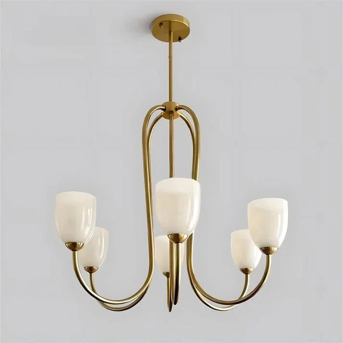Modern Chandelier in rose brass for Dining Room light fixture by AUVIELIGHT, 6 heads D 68cm x H 56cm / ∅ 26.8″ x H 22″ / Gold & White