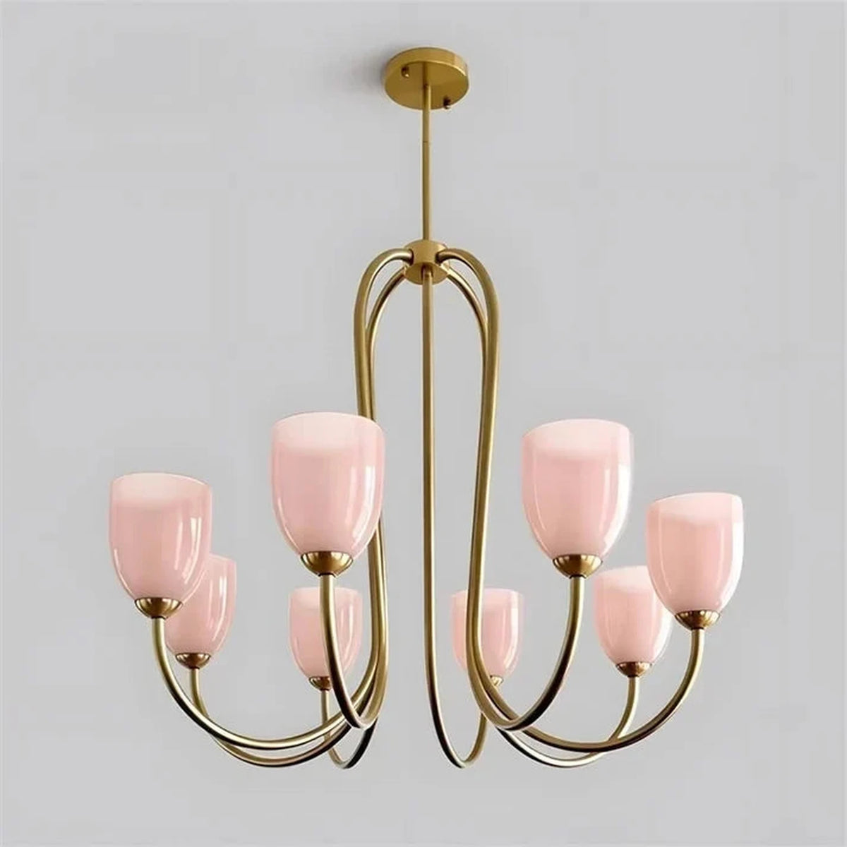 Modern Chandelier in rose brass for Dining Room light fixture by AUVIELIGHT, 8 heads D 89cm x H 76cm / ∅ 35″ x H 29.9″ / Gold & Pink