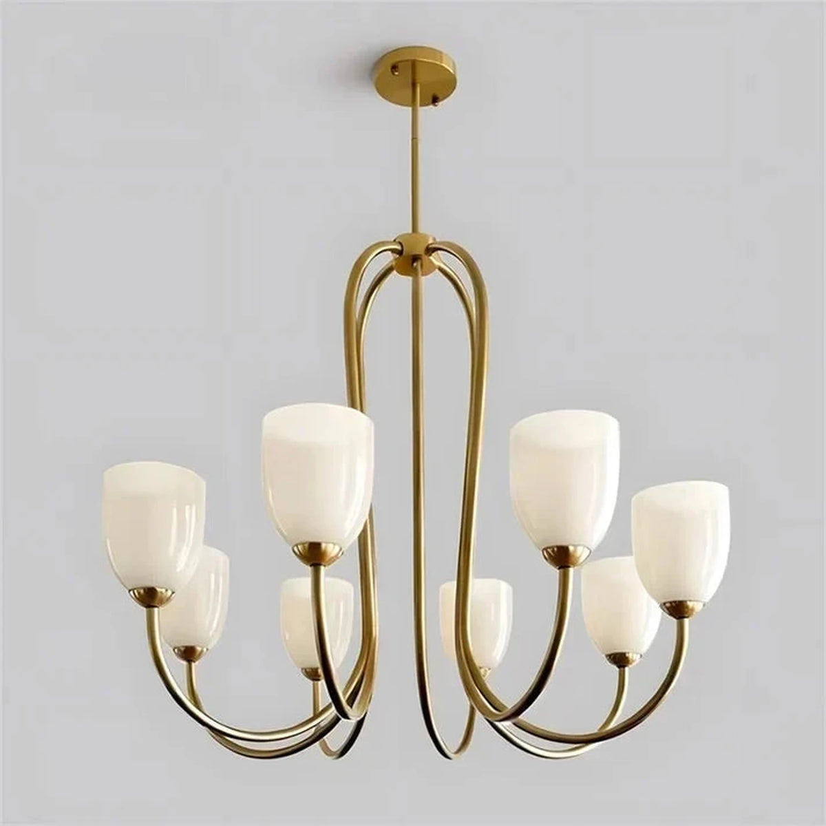 Modern Chandelier in rose brass for Dining Room light fixture by AUVIELIGHT, 8 heads D 89cm x H 76cm / ∅ 35″ x H 29.9″ / Gold & White
