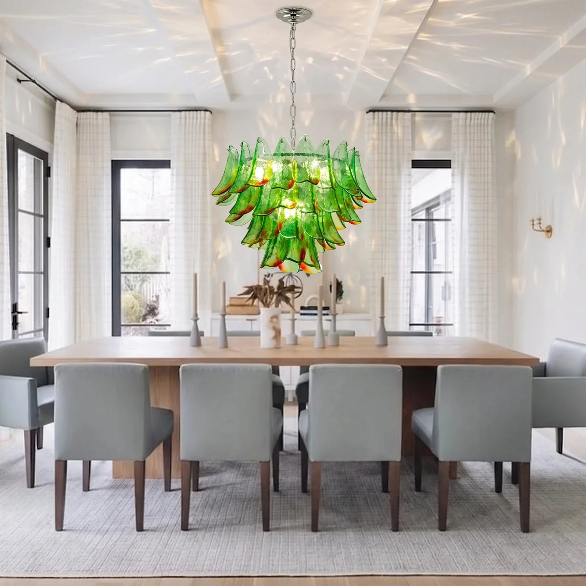 Modern Curved Petal Chandelier in emerald green glass for Dining Room by AUVIELIGHT