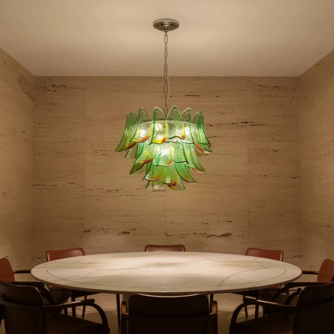 Modern Curved Petal Chandelier in emerald green glass for Dining Room by AUVIELIGHT
