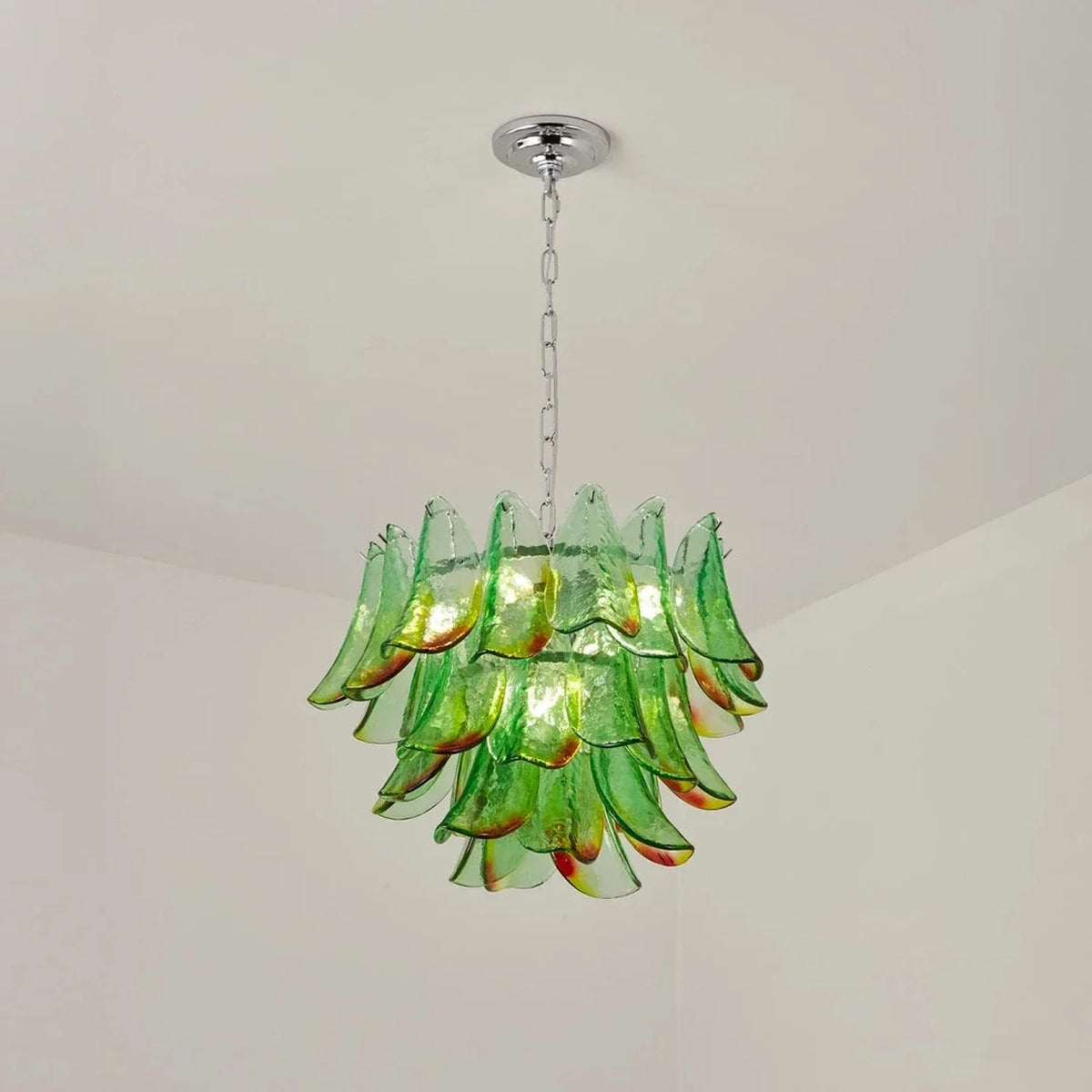 Modern Curved Petal Chandelier in emerald green glass for Dining Room by AUVIELIGHT, ∅ 19.7" x  14.2" / Green Glass + Chrome