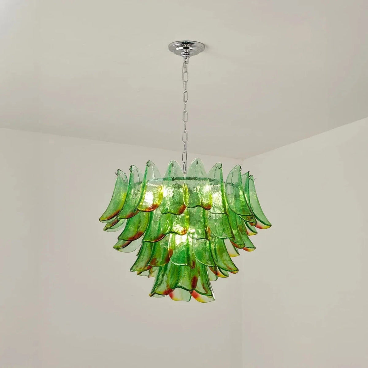 Modern Curved Petal Chandelier in emerald green glass for Dining Room by AUVIELIGHT, ∅ 23.6" x  18.2" / Green Glass + Chrome